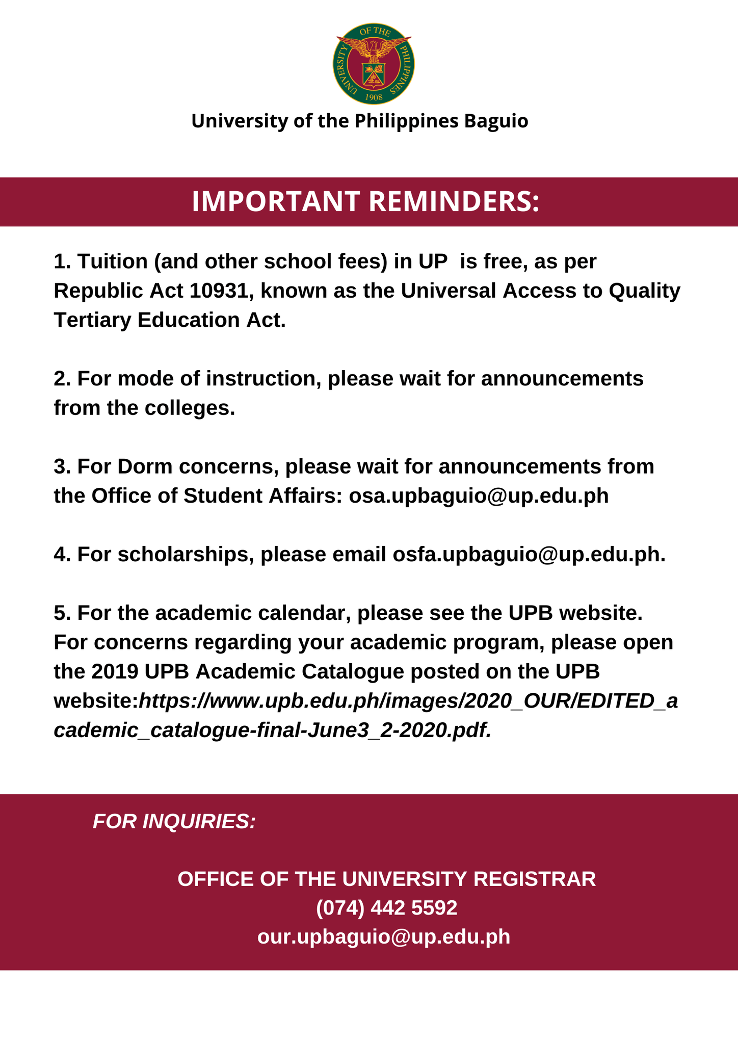 Announcement from the Office of the University Registrar UP BAGUIO
